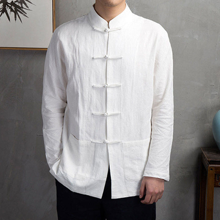 Buddha Stones Einfarbig Casual Frosch-Knopf Herrenhemd Kleidung - image 5