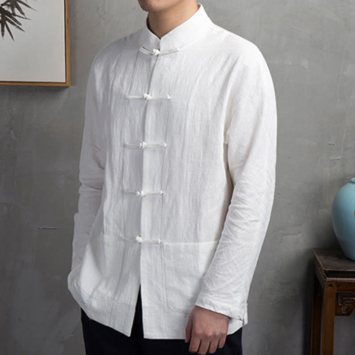 Buddha Stones Einfarbig Casual Frosch-Knopf Herrenhemd Kleidung - image 6