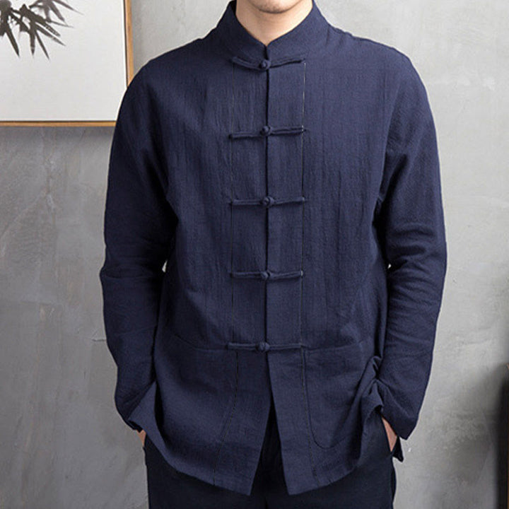 Buddha Stones Einfarbig Casual Frosch-Knopf Herrenhemd Kleidung - image 11