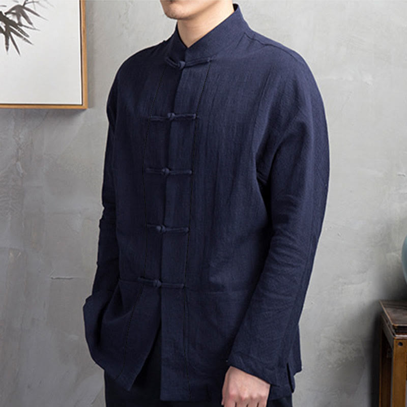 Buddha Stones Einfarbig Casual Frosch-Knopf Herrenhemd Kleidung - image 13