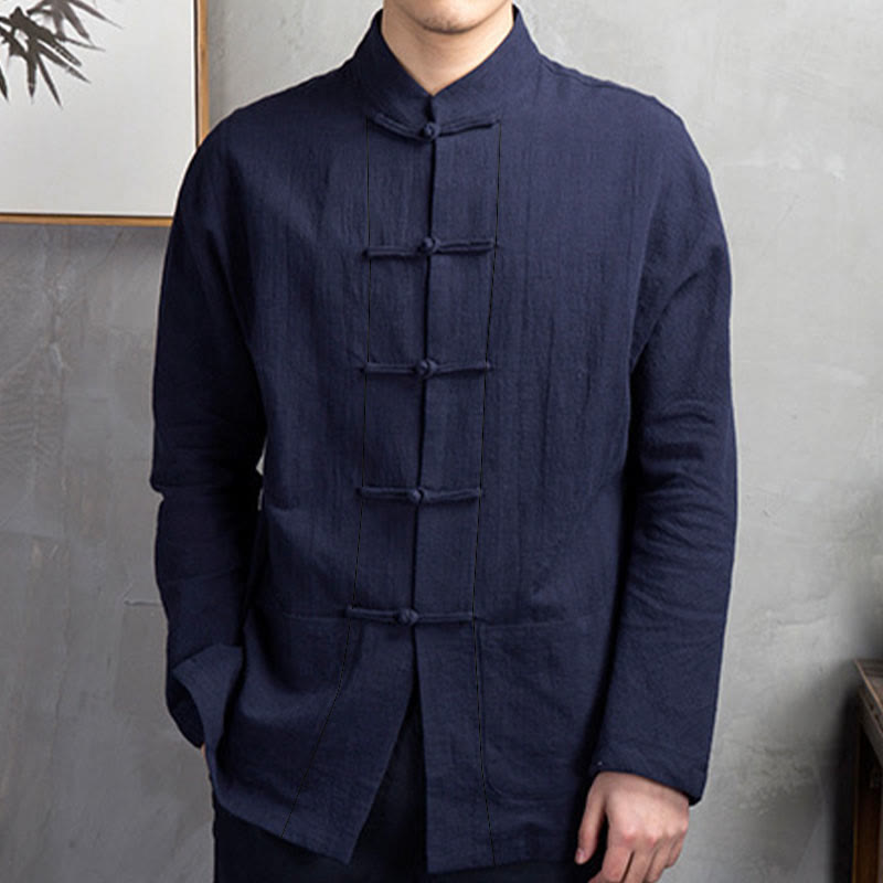 Buddha Stones Einfarbig Casual Frosch-Knopf Herrenhemd Kleidung - image 15