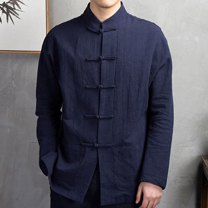 Buddha Stones Einfarbig Casual Frosch-Knopf Herrenhemd Kleidung - image 15