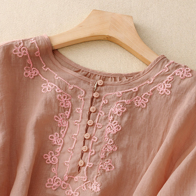 Buddha Stones Lässiges Damen-Hemd mit einfarbigem Froschschnallen-Design und halblangen Ärmeln - image 2