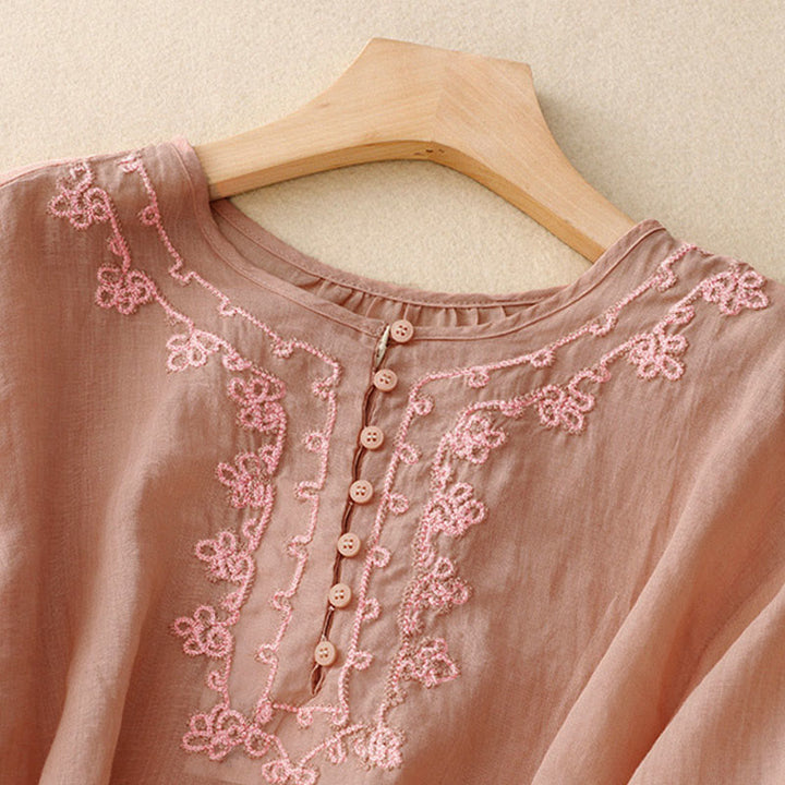 Buddha Stones Lässiges Damen-Hemd mit einfarbigem Froschschnallen-Design und halblangen Ärmeln - image 2