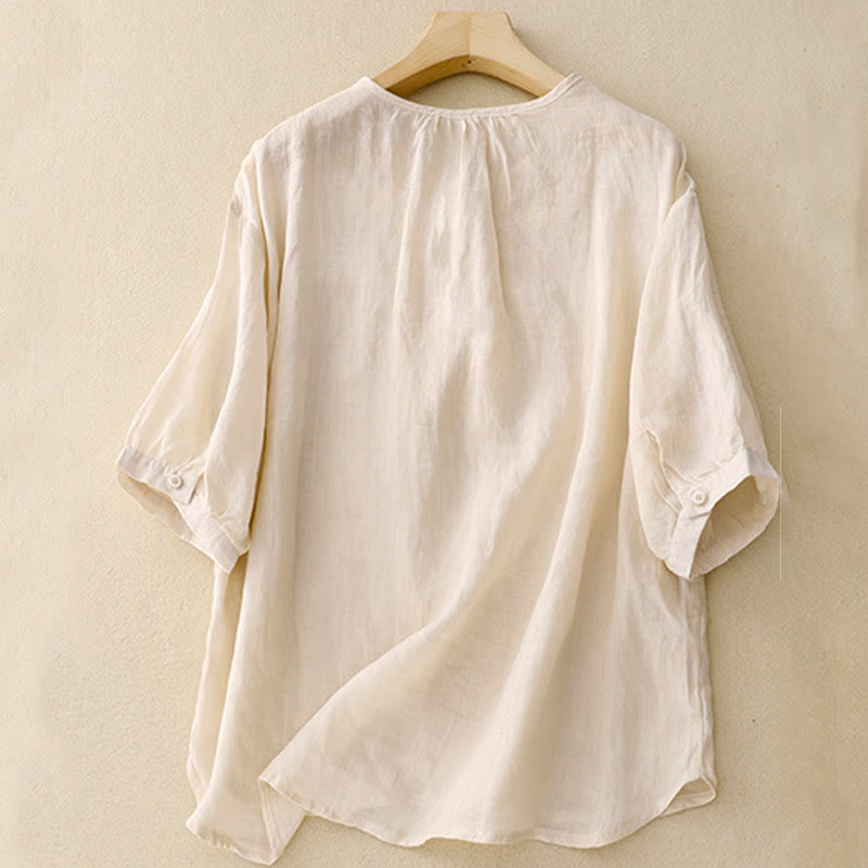 Buddha Stones Lässiges Damen-Hemd mit einfarbigem Froschschnallen-Design und halblangen Ärmeln - image 8