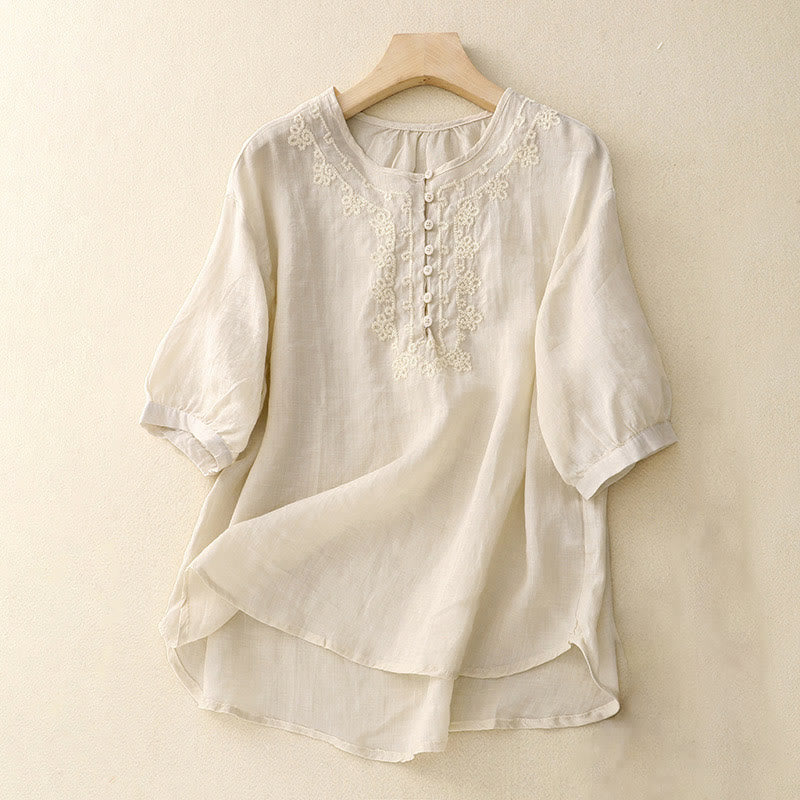 Buddha Stones Lässiges Damen-Hemd mit einfarbigem Froschschnallen-Design und halblangen Ärmeln - Elfenbein - US8-10, UK/AU12-14,EU40-42 (2XL) - image 7