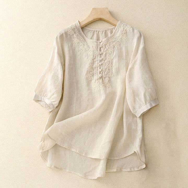 Buddha Stones Lässiges Damen-Hemd mit einfarbigem Froschschnallen-Design und halblangen Ärmeln - Elfenbein - US8-10, UK/AU12-14,EU40-42 (2XL) - image 7