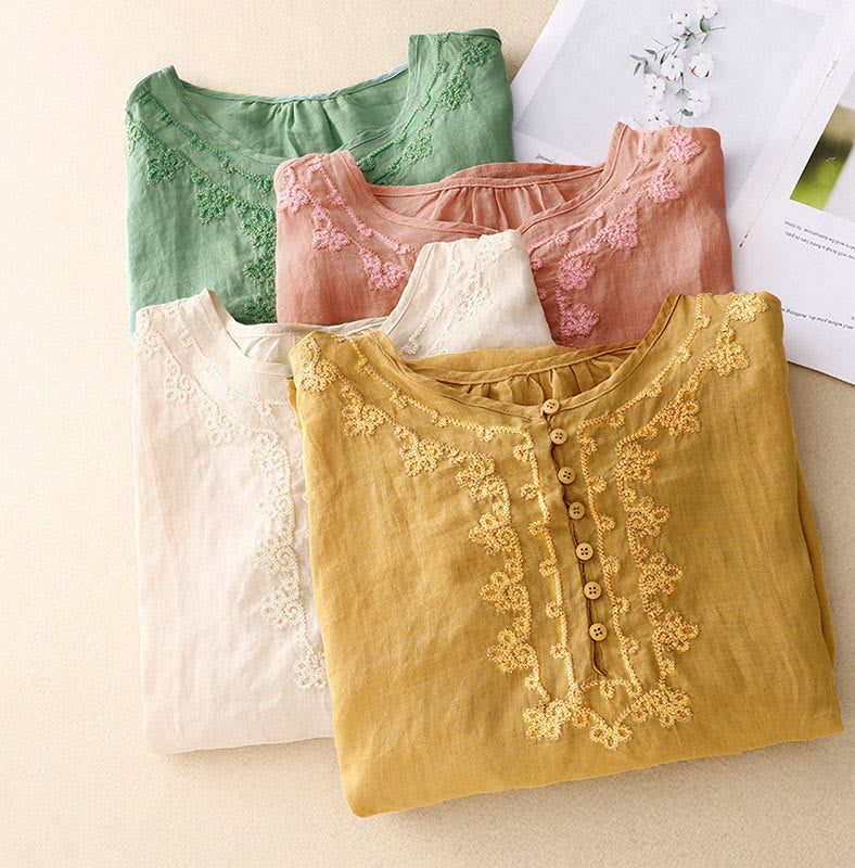 Buddha Stones Lässiges Damen-Hemd mit einfarbigem Froschschnallen-Design und halblangen Ärmeln - image 24