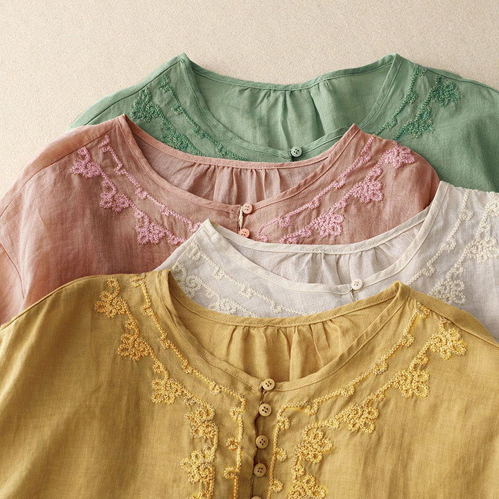 Buddha Stones Lässiges Damen-Hemd mit einfarbigem Froschschnallen-Design und halblangen Ärmeln - image 23