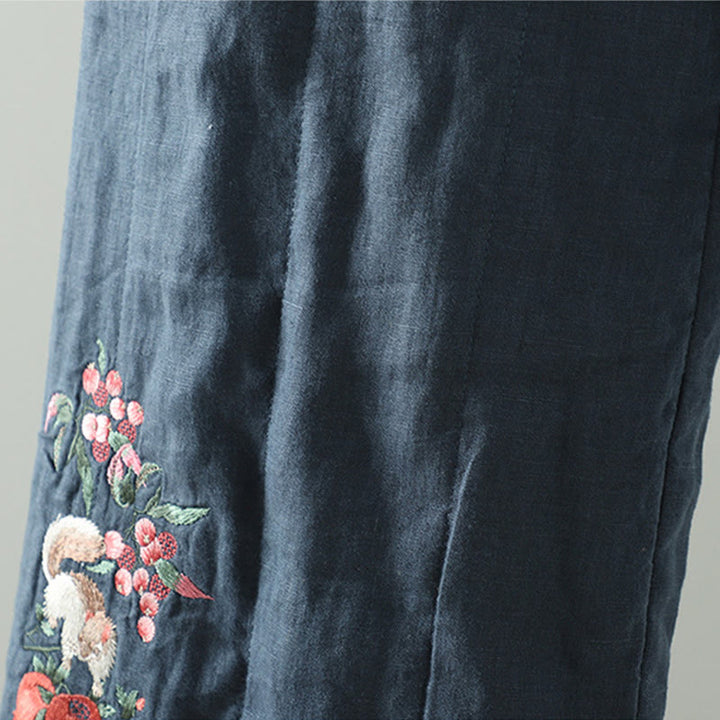 Buddha Stones bestickte Froschknopf-Baumwoll-gepolsterte Damenhose mit weitem Bein und Taschen - image 5