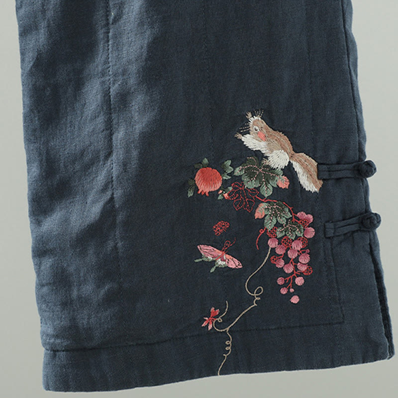 Buddha Stones bestickte Froschknopf-Baumwoll-gepolsterte Damenhose mit weitem Bein und Taschen - image 4