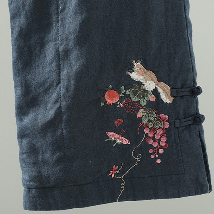 Buddha Stones bestickte Froschknopf-Baumwoll-gepolsterte Damenhose mit weitem Bein und Taschen - image 4