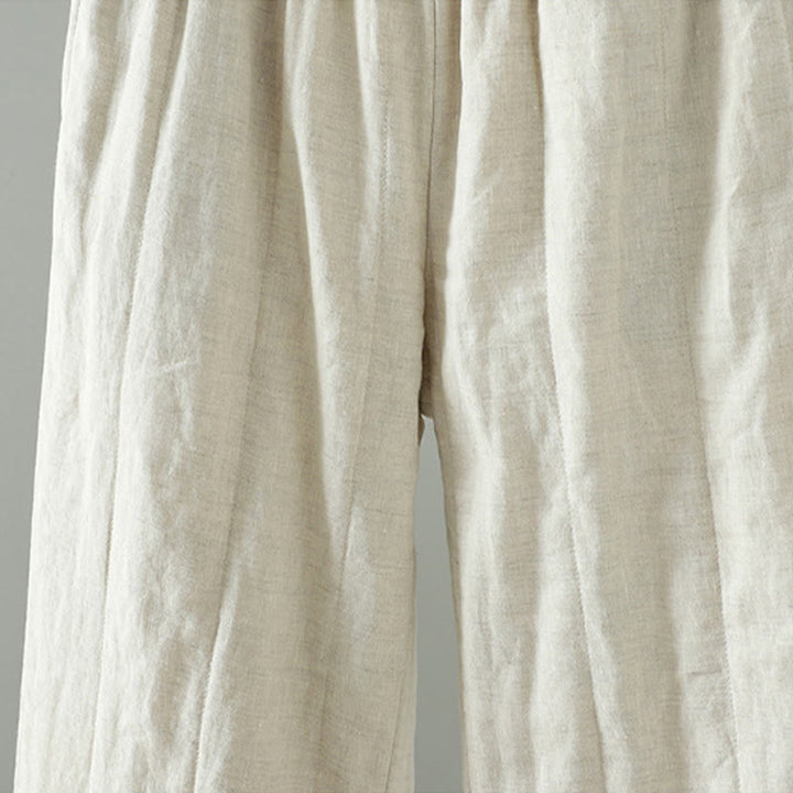 Buddha Stones bestickte Froschknopf-Baumwoll-gepolsterte Damenhose mit weitem Bein und Taschen - image 10