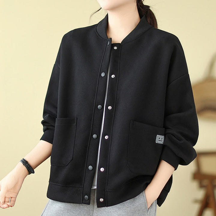 Buddha Stones Plain Damen-Baumwolljacke mit Knöpfen, Rundhalsausschnitt, langen Ärmeln und Taschen - image 1