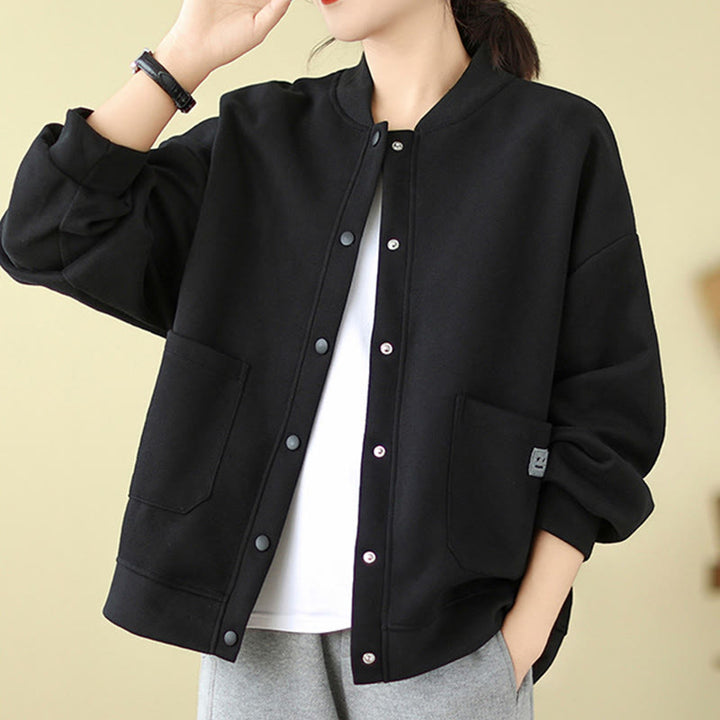 Buddha Stones Plain Damen-Baumwolljacke mit Knöpfen, Rundhalsausschnitt, langen Ärmeln und Taschen - image 5