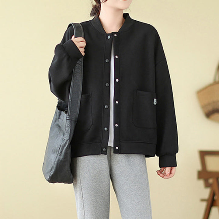 Buddha Stones Plain Damen-Baumwolljacke mit Knöpfen, Rundhalsausschnitt, langen Ärmeln und Taschen - image 6