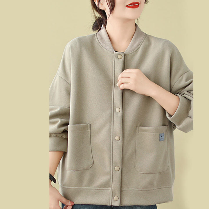 Buddha Stones Plain Damen-Baumwolljacke mit Knöpfen, Rundhalsausschnitt, langen Ärmeln und Taschen - image 9