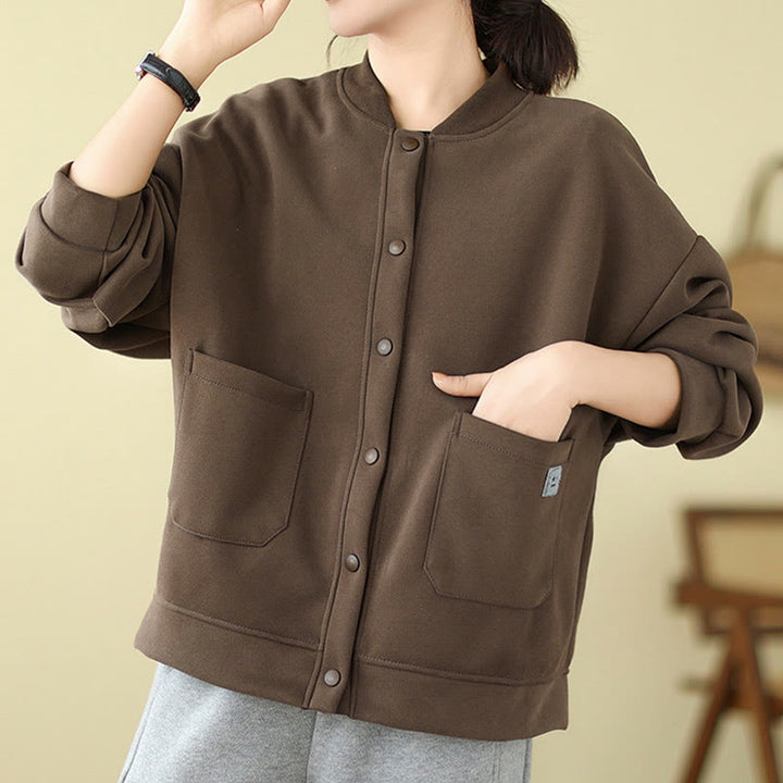 Buddha Stones Plain Damen-Baumwolljacke mit Knöpfen, Rundhalsausschnitt, langen Ärmeln und Taschen - image 19