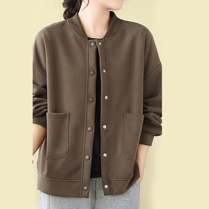 Buddha Stones Plain Damen-Baumwolljacke mit Knöpfen, Rundhalsausschnitt, langen Ärmeln und Taschen - image 20