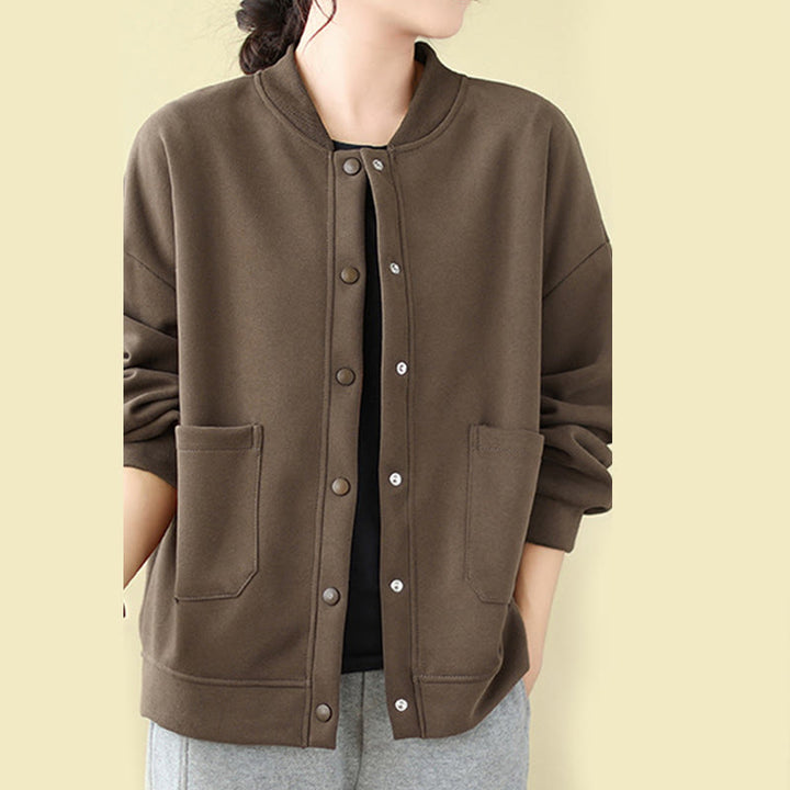 Buddha Stones Plain Damen-Baumwolljacke mit Knöpfen, Rundhalsausschnitt, langen Ärmeln und Taschen - image 20