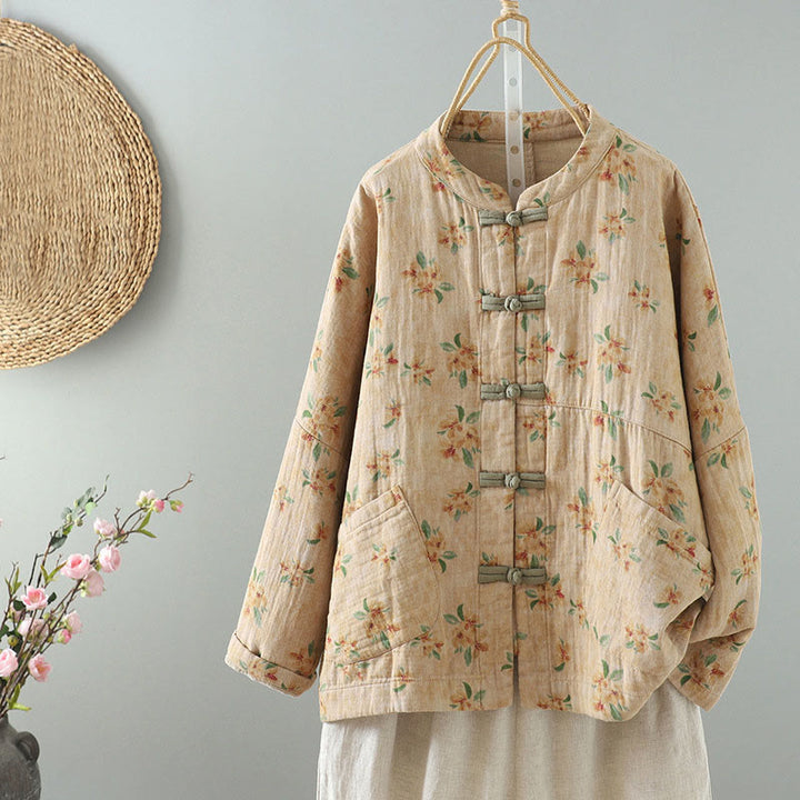 Buddha Stones Damen-Jacke mit Blumen-Print und Froschknopf, langärmelig, Polyester, mit Taschen - Mokassin - US14, UK/AU18,EU46 (2XL) - image 0