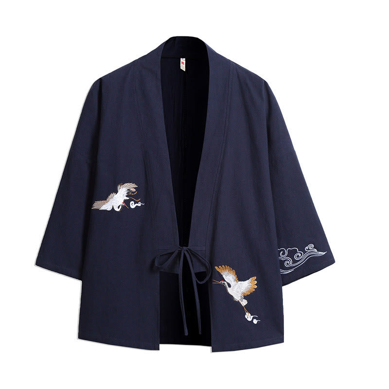 Buddha Stones, weißer Kranich, glückverheißende Wolken, Stickerei, Dreiviertelärmel, Herren-Kimono - Stahlblau - US/ UK/AU46,EU56 (5XL) - image 0
