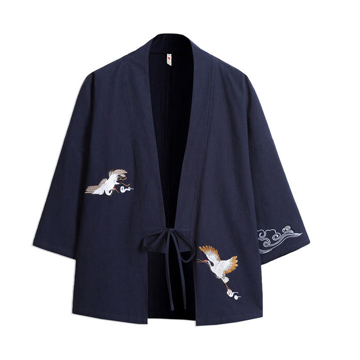 Buddha Stones, weißer Kranich, glückverheißende Wolken, Stickerei, Dreiviertelärmel, Herren-Kimono - Stahlblau - US/ UK/AU46,EU56 (5XL) - image 0