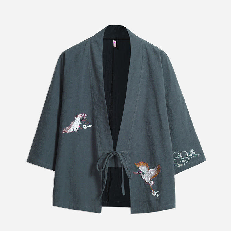 Buddha Stones, weißer Kranich, glückverheißende Wolken, Stickerei, Dreiviertelärmel, Herren-Kimono - CadetBlue - US/ UK/AU46,EU56 (5XL) - image 13