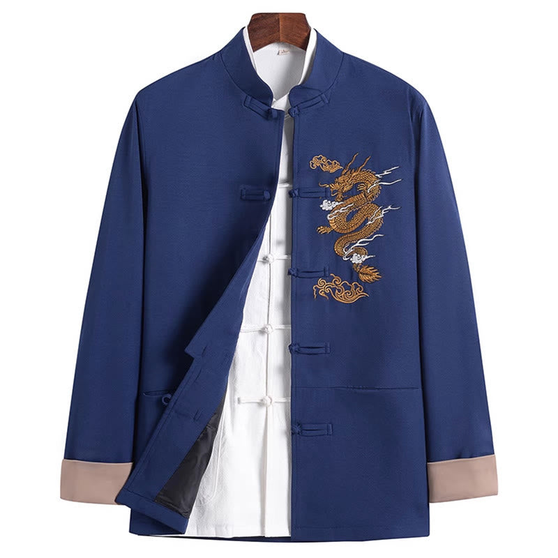 Buddha Stones Stickerei Drache Frosch-Knopf-Design Langarm Herrenjacke - Stahlblau - US/ UK/AU44,EU54 (4XL) - image 14