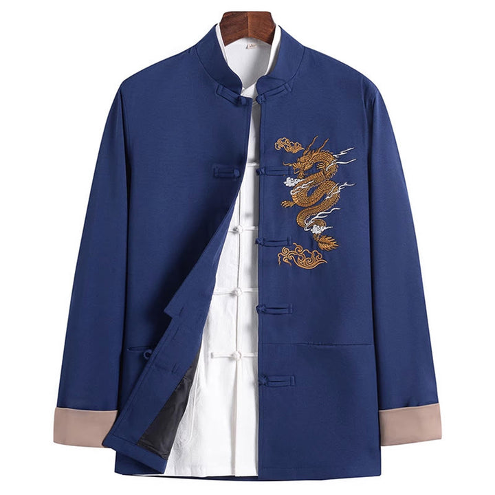 Buddha Stones Stickerei Drache Frosch-Knopf-Design Langarm Herrenjacke - Stahlblau - US/ UK/AU44,EU54 (4XL) - image 14