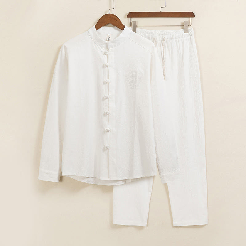 Buddha Stones 2-teiliges schlichtes Herren-Set mit Froschknöpfen, langärmelig, Baumwollhemd und Hose mit Taschen - Weiß - US/ UK/AU46,EU56 (5XL) - image 1