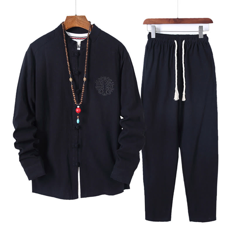 Buddha Stones 2-teiliges, einfarbiges Herren-Set mit Froschknöpfen, langärmeligen Hemden und Hosen aus Baumwolle mit Taschen - Schwarz - US/ UK/AU46,EU56 (5XL) - image 0