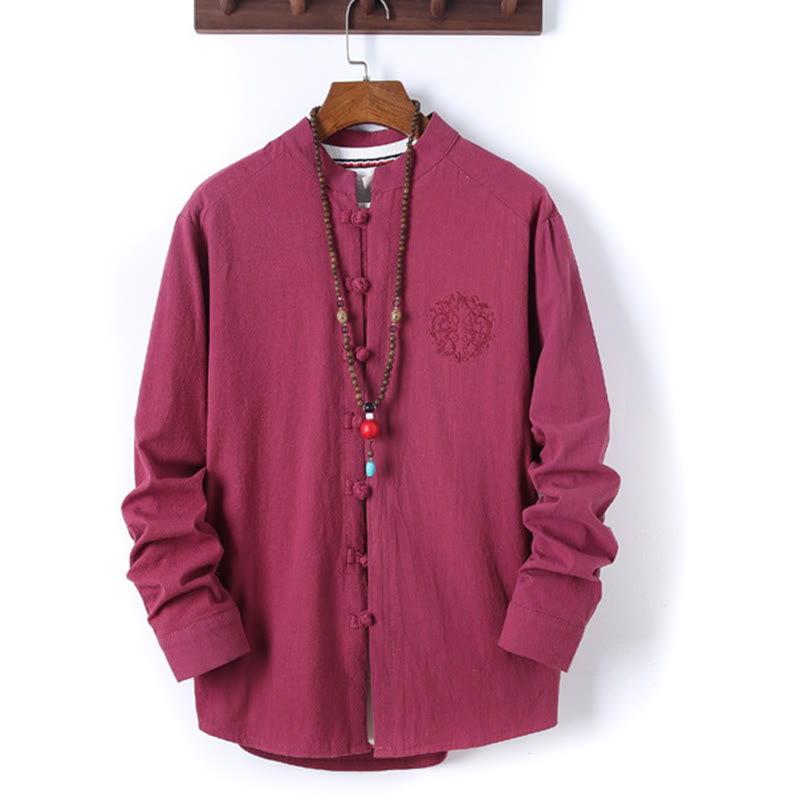 Buddha Stones 2-teiliges, einfarbiges Herren-Set mit Froschknöpfen, langärmeligen Hemden und Hosen aus Baumwolle mit Taschen - image 31