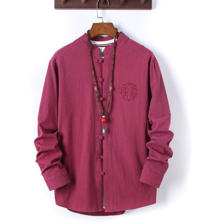 Buddha Stones 2-teiliges, einfarbiges Herren-Set mit Froschknöpfen, langärmeligen Hemden und Hosen aus Baumwolle mit Taschen - image 31