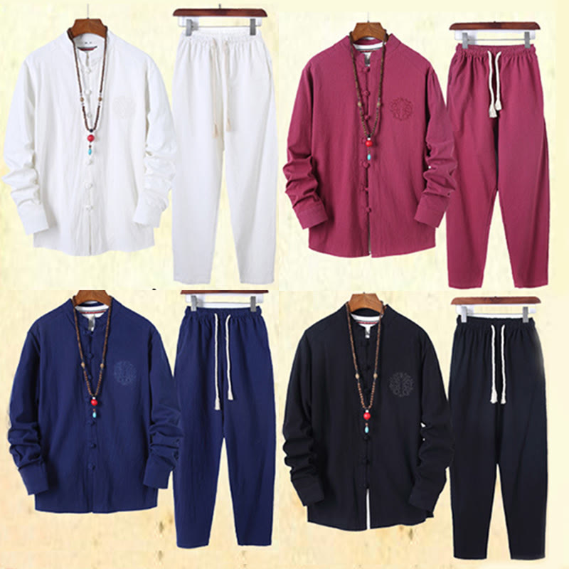 Buddha Stones 2-teiliges, einfarbiges Herren-Set mit Froschknöpfen, langärmeligen Hemden und Hosen aus Baumwolle mit Taschen - image 44