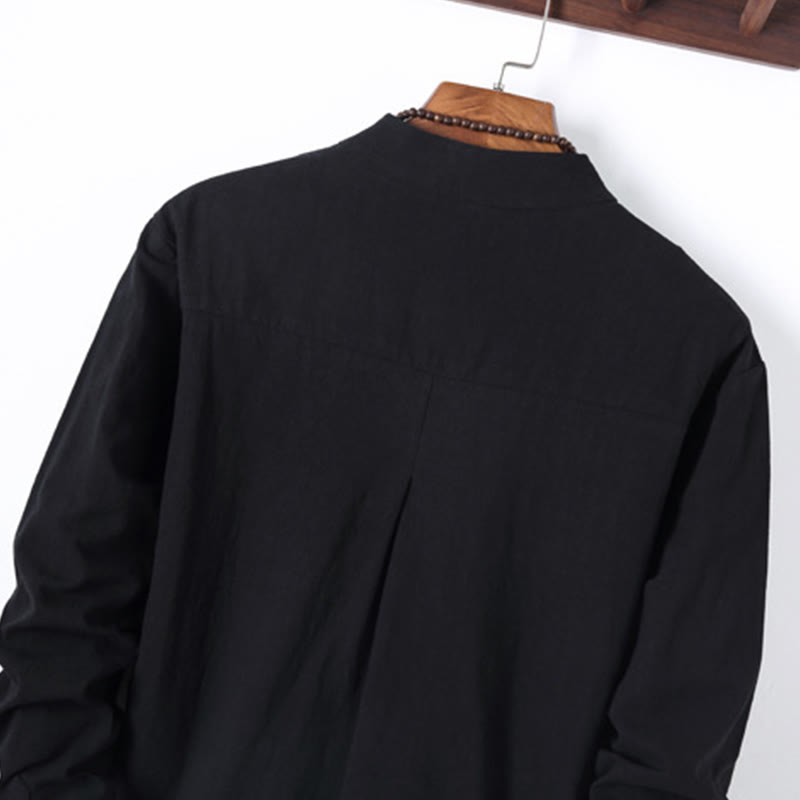 Buddha Stones 2-teiliges, einfarbiges Herren-Set mit Froschknöpfen, langärmeligen Hemden und Hosen aus Baumwolle mit Taschen - image 4