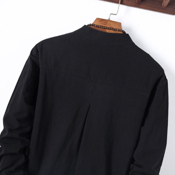 Buddha Stones 2-teiliges, einfarbiges Herren-Set mit Froschknöpfen, langärmeligen Hemden und Hosen aus Baumwolle mit Taschen - image 4