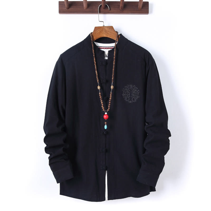 Buddha Stones 2-teiliges, einfarbiges Herren-Set mit Froschknöpfen, langärmeligen Hemden und Hosen aus Baumwolle mit Taschen - image 1