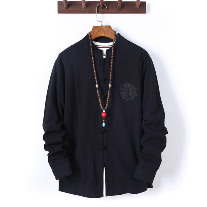 Buddha Stones 2-teiliges, einfarbiges Herren-Set mit Froschknöpfen, langärmeligen Hemden und Hosen aus Baumwolle mit Taschen - image 1