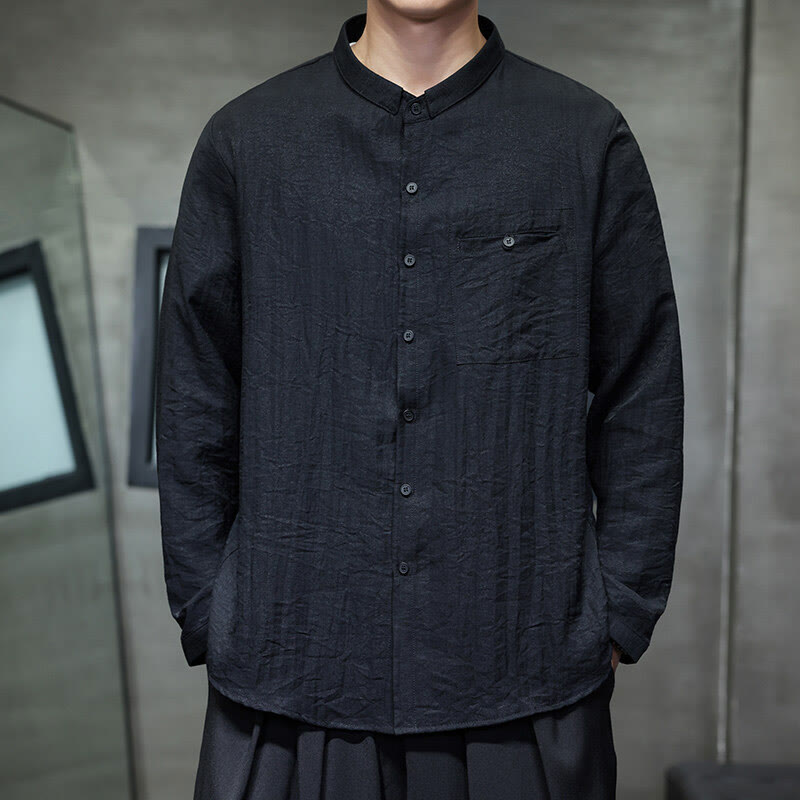 Buddha Stones Spring Herren Langarmhemd mit einfarbigem Knopfdesign - image 1