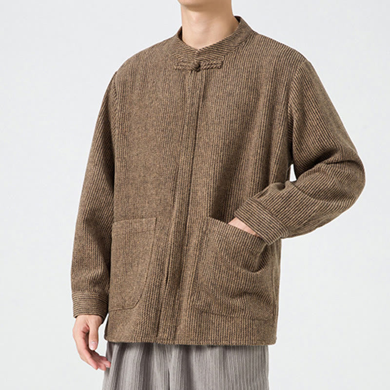 Buddha Stones Herren-Cordjacke aus Baumwolle mit Taschen und Froschknöpfen, einfarbig, langärmlig - image 6