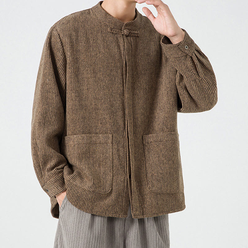 Buddha Stones Herren-Cordjacke aus Baumwolle mit Taschen und Froschknöpfen, einfarbig, langärmlig - image 7