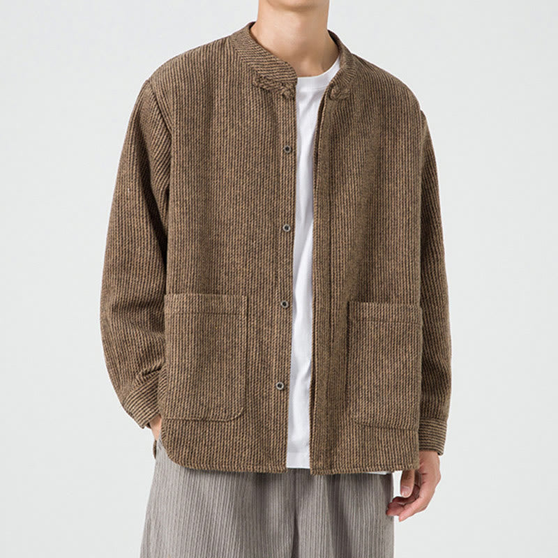 Buddha Stones Herren-Cordjacke aus Baumwolle mit Taschen und Froschknöpfen, einfarbig, langärmlig - image 1