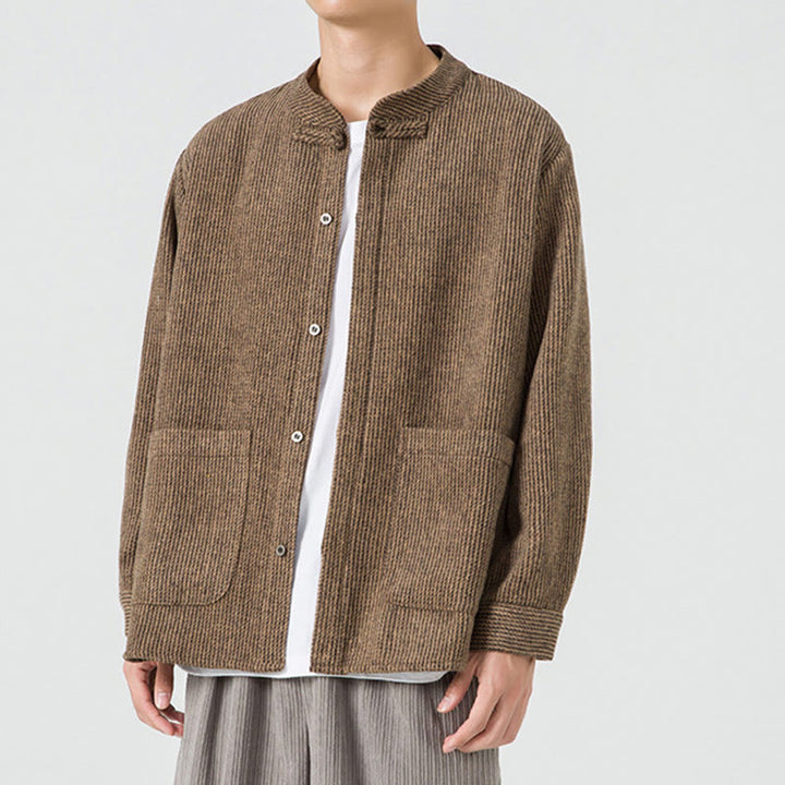 Buddha Stones Herren-Cordjacke aus Baumwolle mit Taschen und Froschknöpfen, einfarbig, langärmlig - image 5