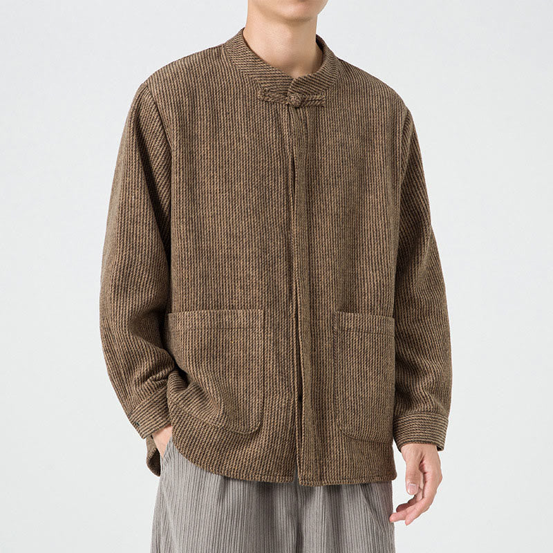 Buddha Stones Herren-Cordjacke aus Baumwolle mit Taschen und Froschknöpfen, einfarbig, langärmlig - image 2