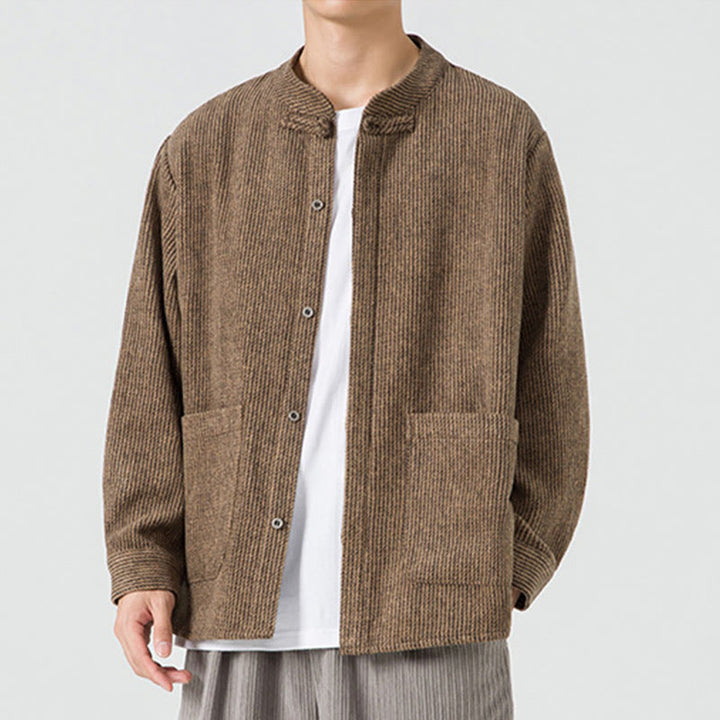 Buddha Stones Herren-Cordjacke aus Baumwolle mit Taschen und Froschknöpfen, einfarbig, langärmlig - image 3