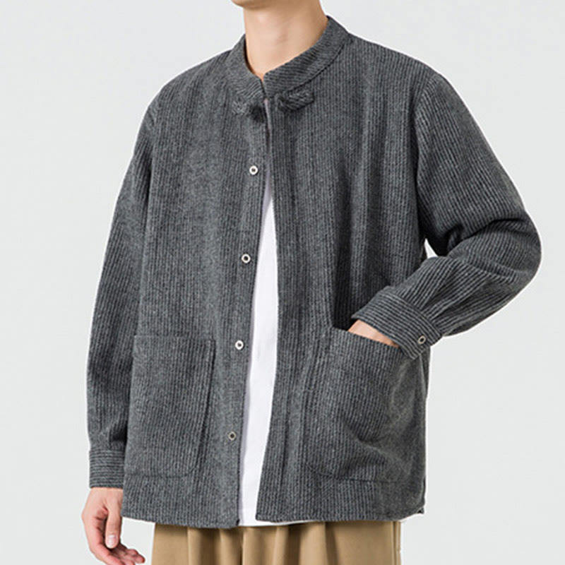 Buddha Stones Herren-Cordjacke aus Baumwolle mit Taschen und Froschknöpfen, einfarbig, langärmlig - image 11