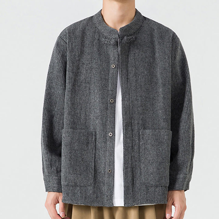 Buddha Stones Herren-Cordjacke aus Baumwolle mit Taschen und Froschknöpfen, einfarbig, langärmlig - Schwarz - US/ UK/AU48,EU58 (5XL) - image 10