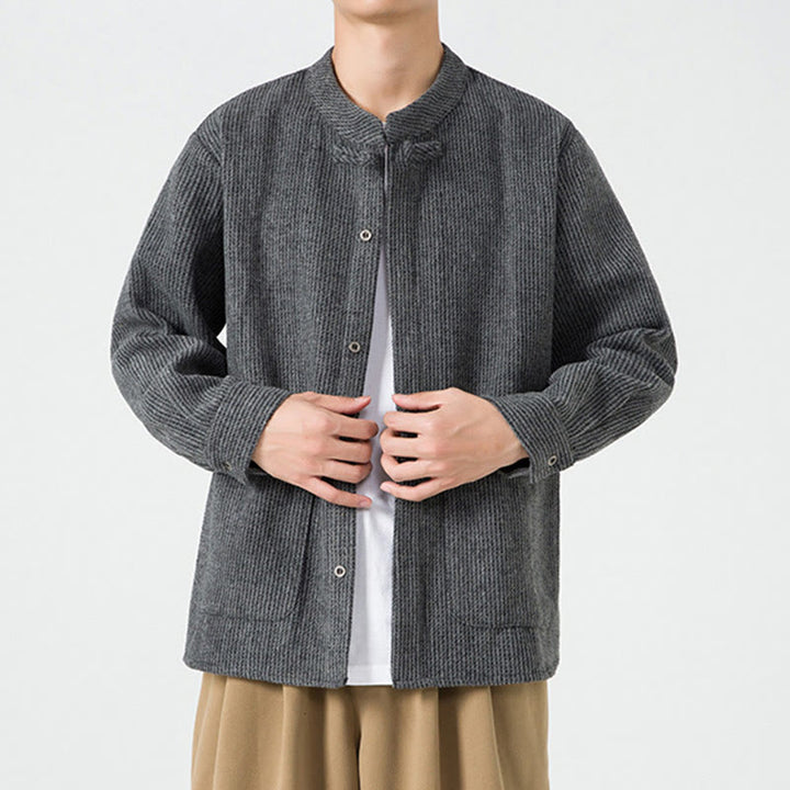 Buddha Stones Herren-Cordjacke aus Baumwolle mit Taschen und Froschknöpfen, einfarbig, langärmlig - image 12