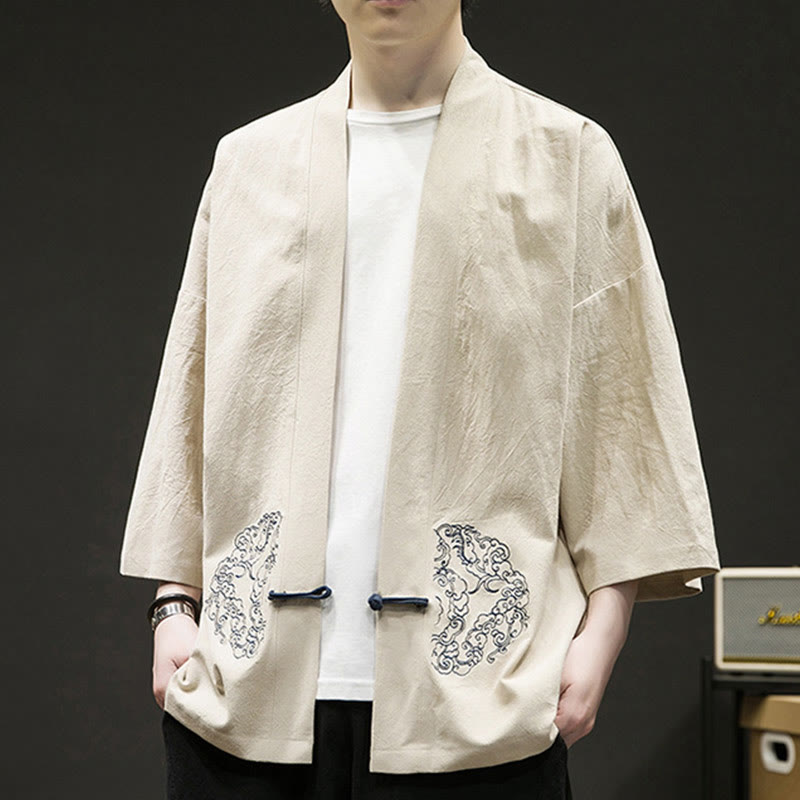 Buddha Stones Solid Auspicious Clouds Offene Vorderseite Langarmjacke Herren Baumwoll-Kimono - image 4